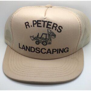 Vintage  R Peters Landscaping Beige Brown  Mesh Snap Back Hat  Backhoe Loader